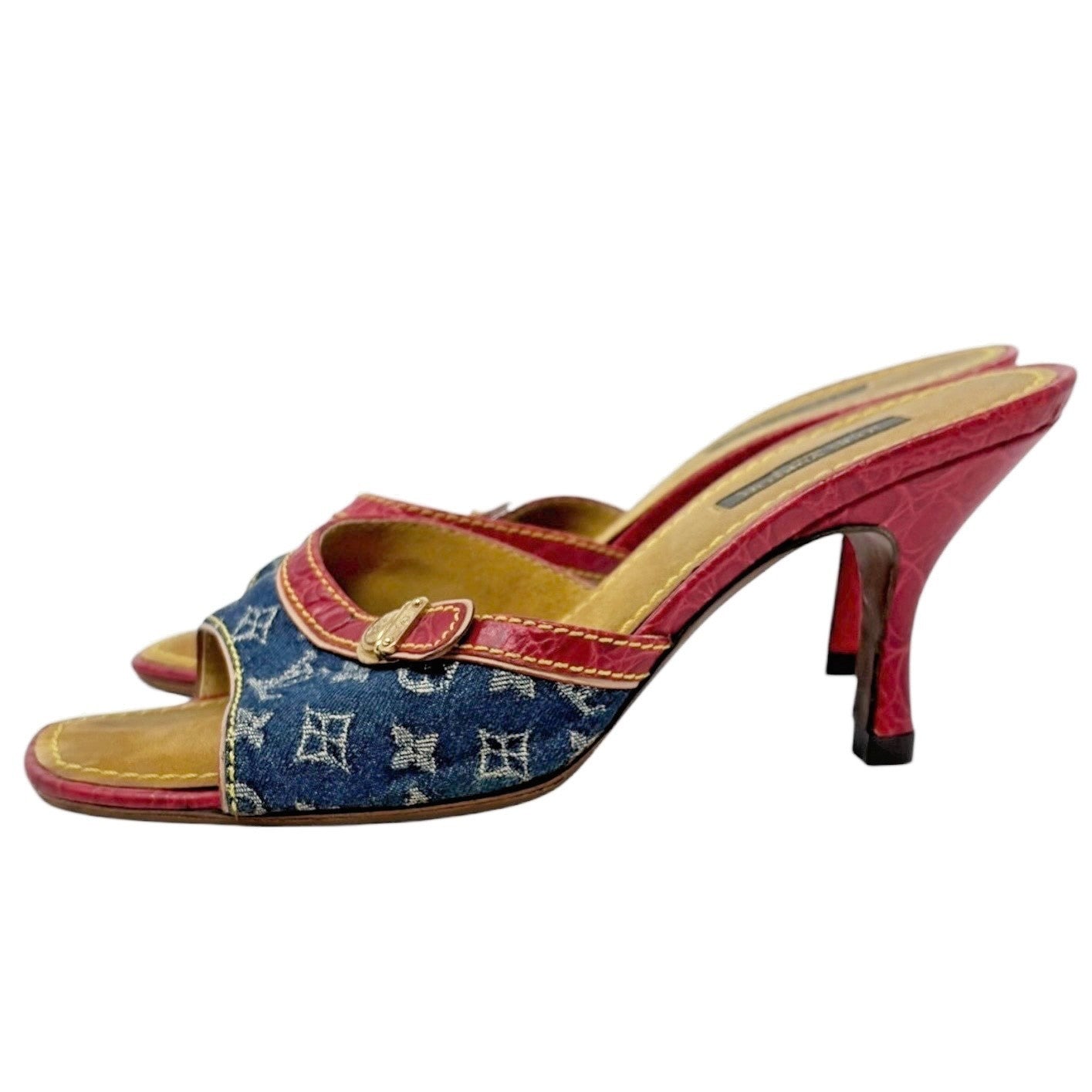 LOUIS VUITTON Vintage Monogram Denim Heels Sandals #36.5 Blue Brown Leather