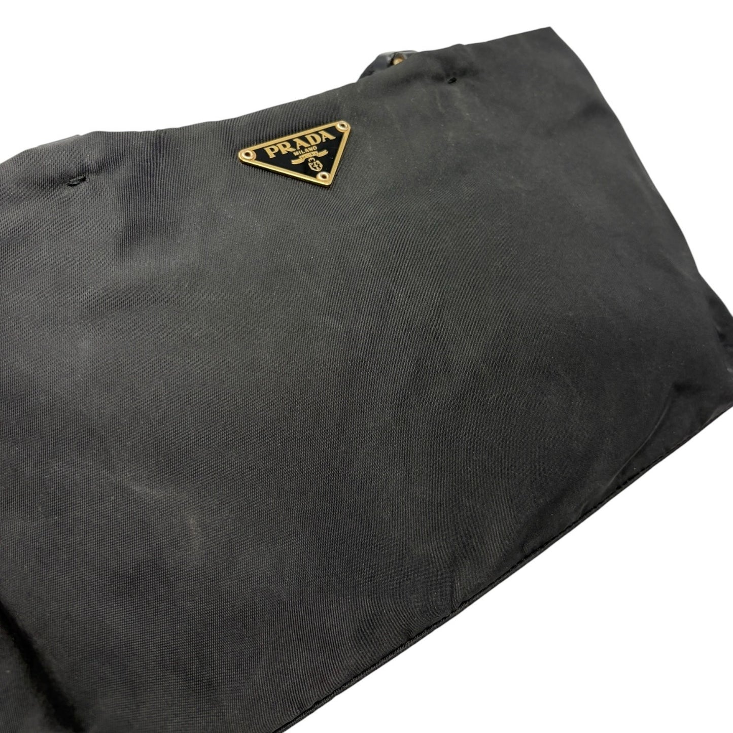 PRADA Vintage Triangle Logo Tessuto Tote Shoulder Bag Black Gold Nylon 902298