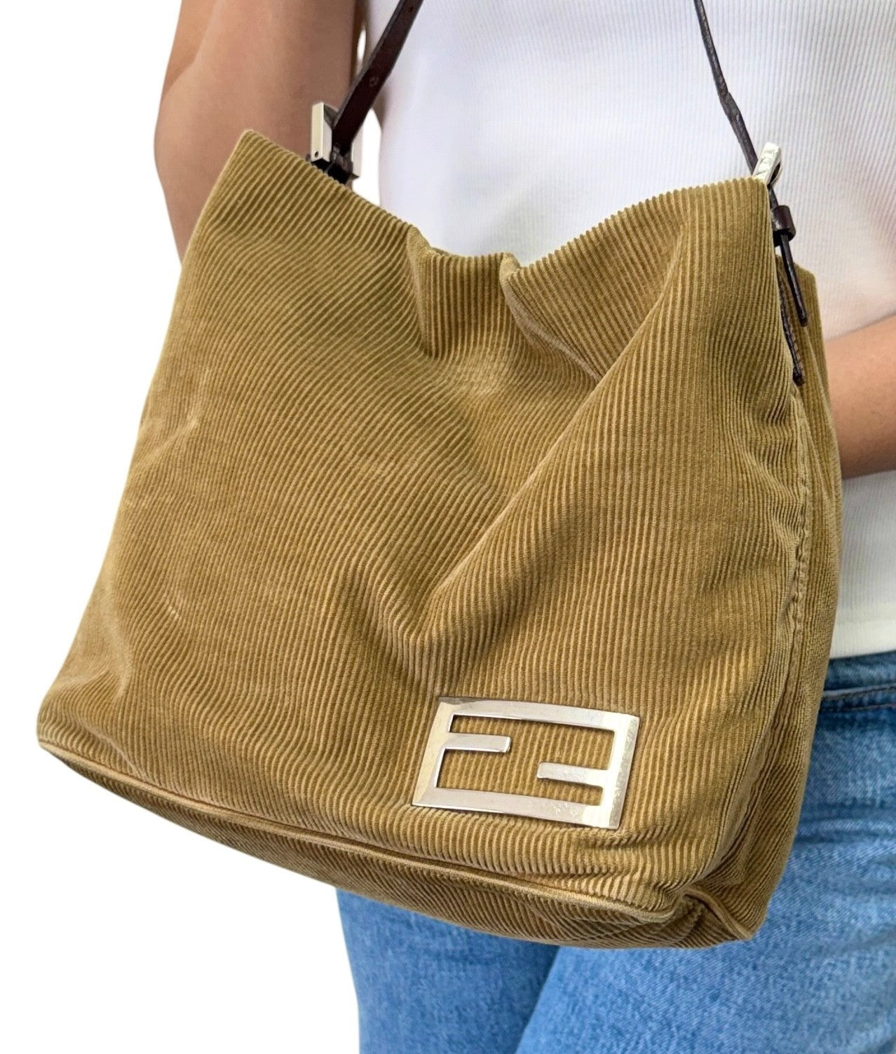 FENDI Vintage FF Logo Corduroy Pochette Shoulder Bag Beige Silver Brown 901847