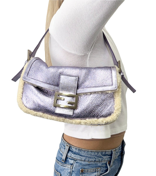 FENDI Vintage Mamma Baguette Metallic Shearling Shoulder Bag Purple 902830