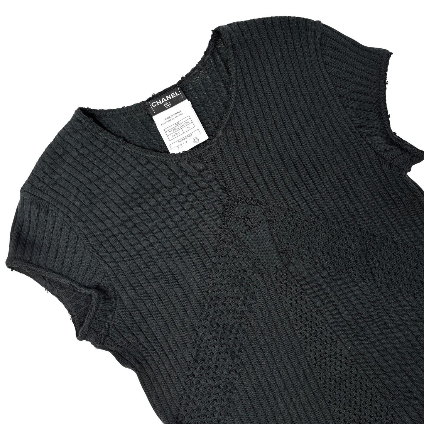 CHANEL Vintage 04P CC Logo Punching Knit Top T-shirt #38 Black Short Sleeve