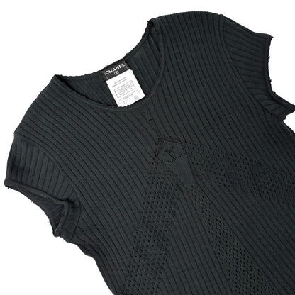 CHANEL Vintage 04P CC Logo Punching Knit Top T-shirt #38 Black Short Sleeve
