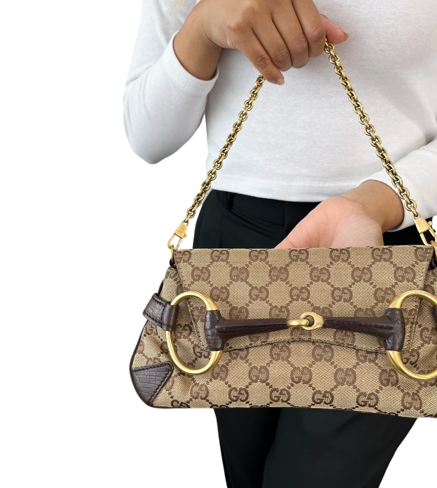 GUCCI Vintage GG Monogram Logo Horsebit Shoulder Bag Brown Gold Canvas 901880