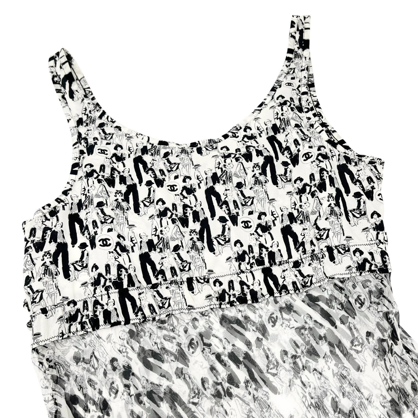 CHANEL Vintage 03P CC Logo Lace Tunic Top #38 Button Frill White Black Silk