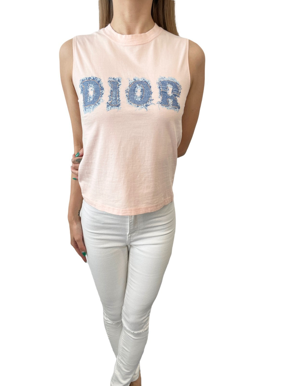 Christian Dior Vintage 2003 Logo Tank Top #38 Denim Print Pink Blue Cotton