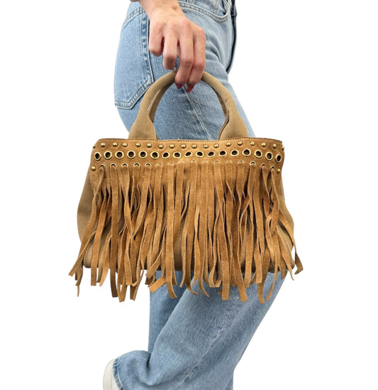 PRADA Vintage Logo Fringe Tote Bag Suede Canvas Brown Camel Gold 901835