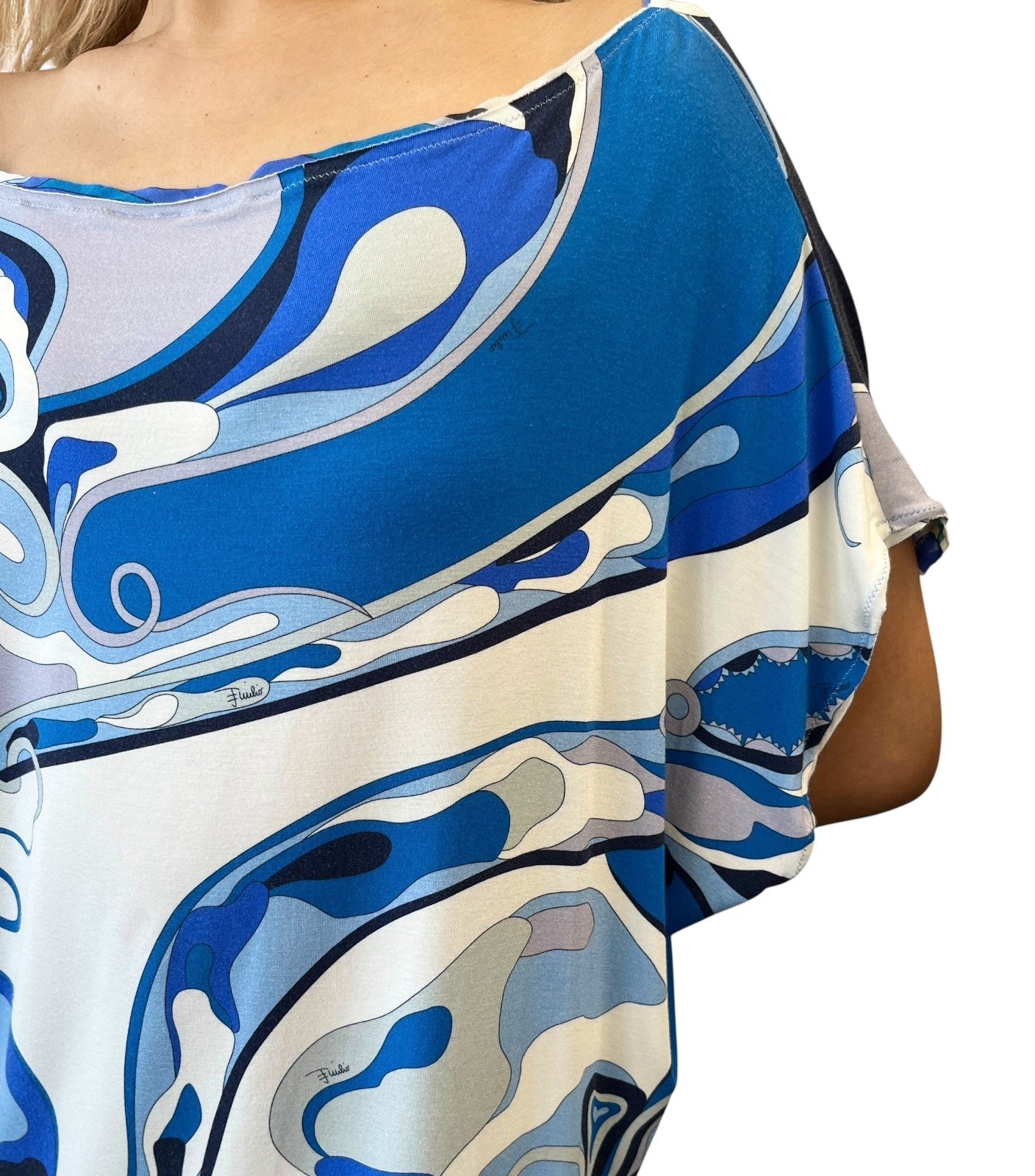 EMILIO PUCCI Vintage Logo Multicolor Dress #42 Blue White Cotton Rayon Silk