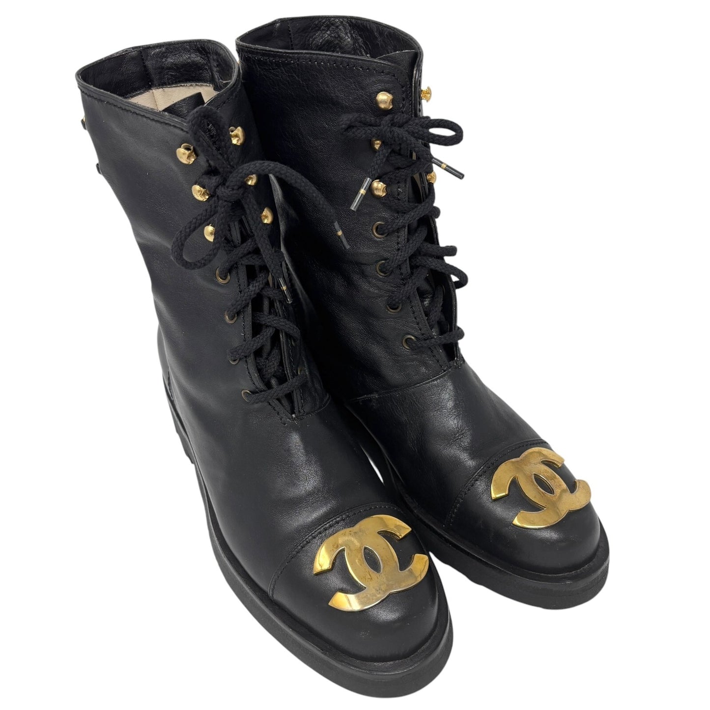 CHANEL Vintage CC Logo Lace-up Ankle Boots #36.5 Short Boots Black Gold Leather