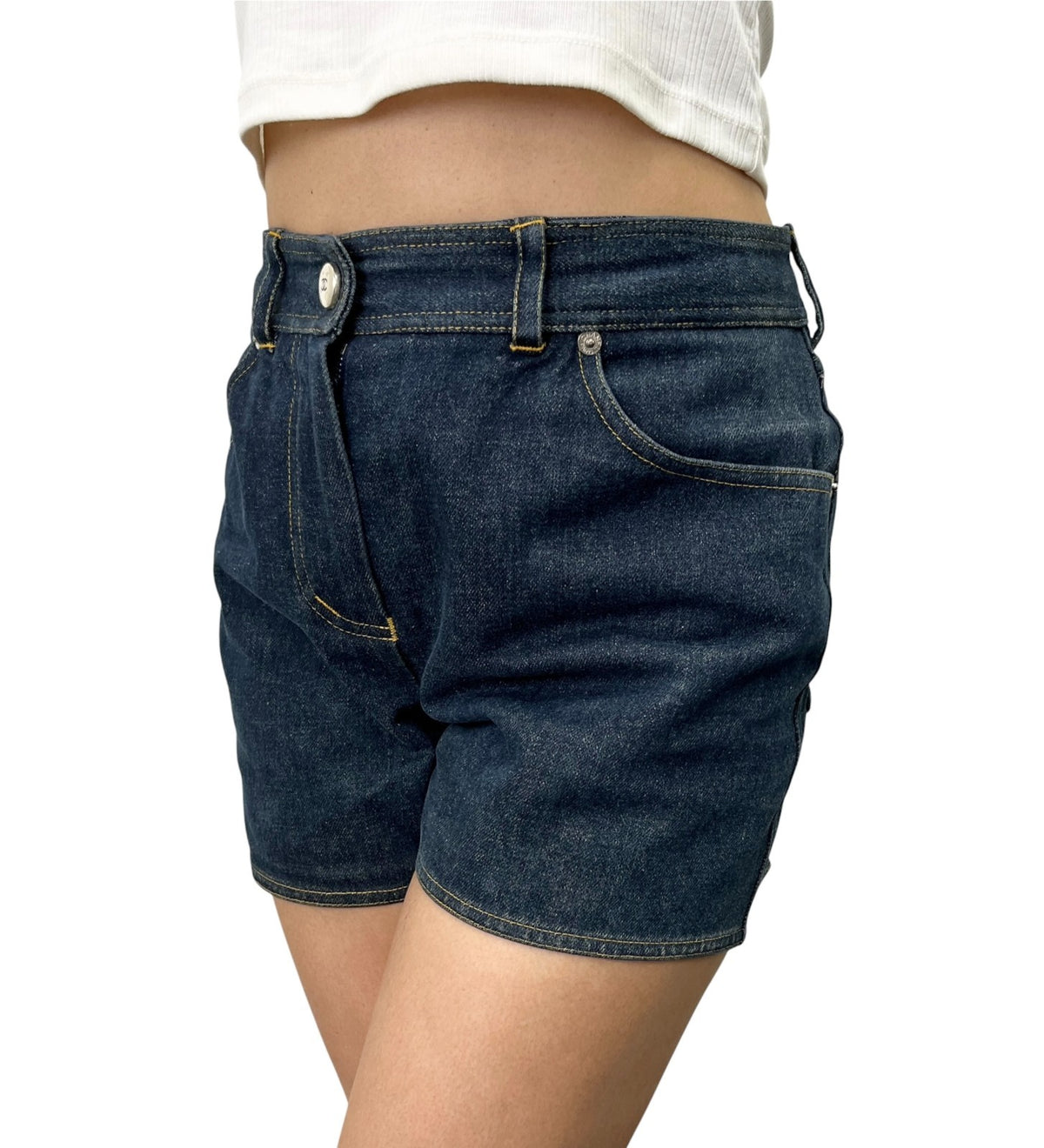 CHANEL Vintage CC Logo Denim Short Pants #36 Dark Blue Silver Cotton 902896