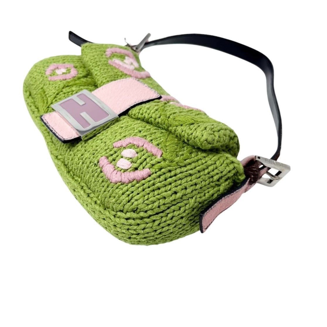 FENDI Vintage FF Mamma Baguette Crochet Shoulder Bag Flower Green Pink Wool