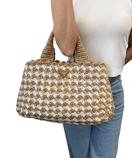 PRADA Vintage Triangle Logo Raffia Canapa Tote Bag Beige White Crochet