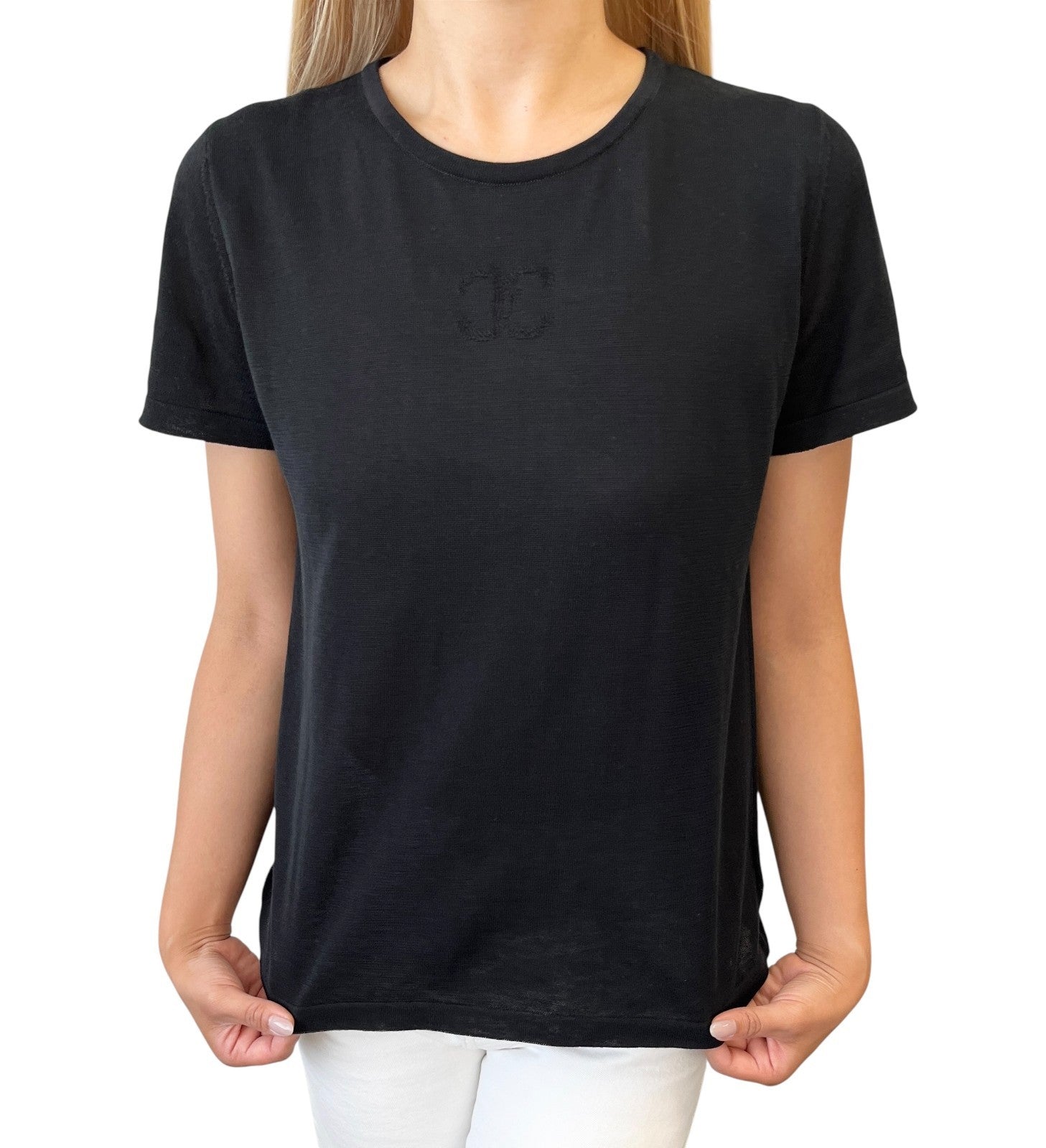 CHANEL Vintage 06P CC Logo Knit T-shirt Top #38 Black Cotton Short Sleeve