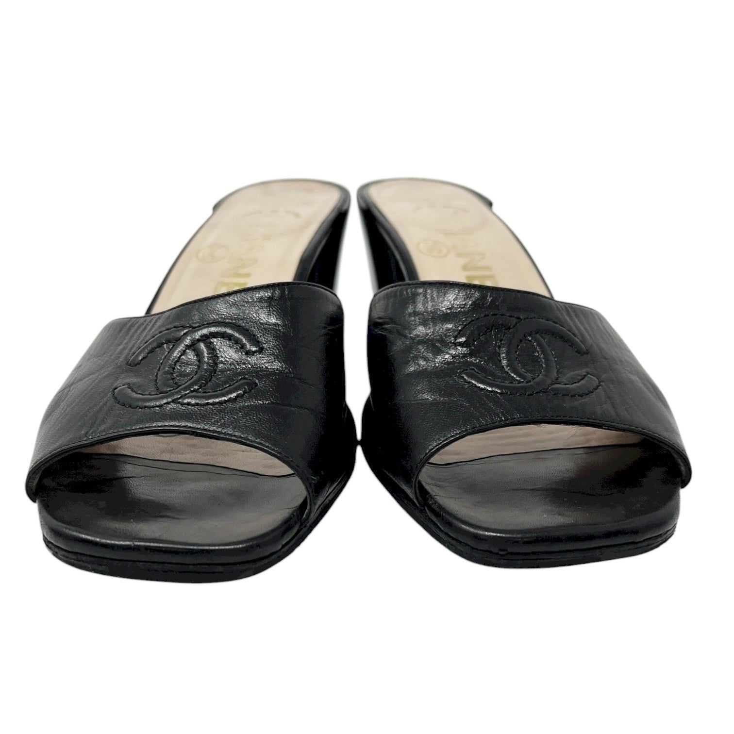 CHANEL Vintage CC Mark Logo Sandals #36 Heels Block Black Beige Leather