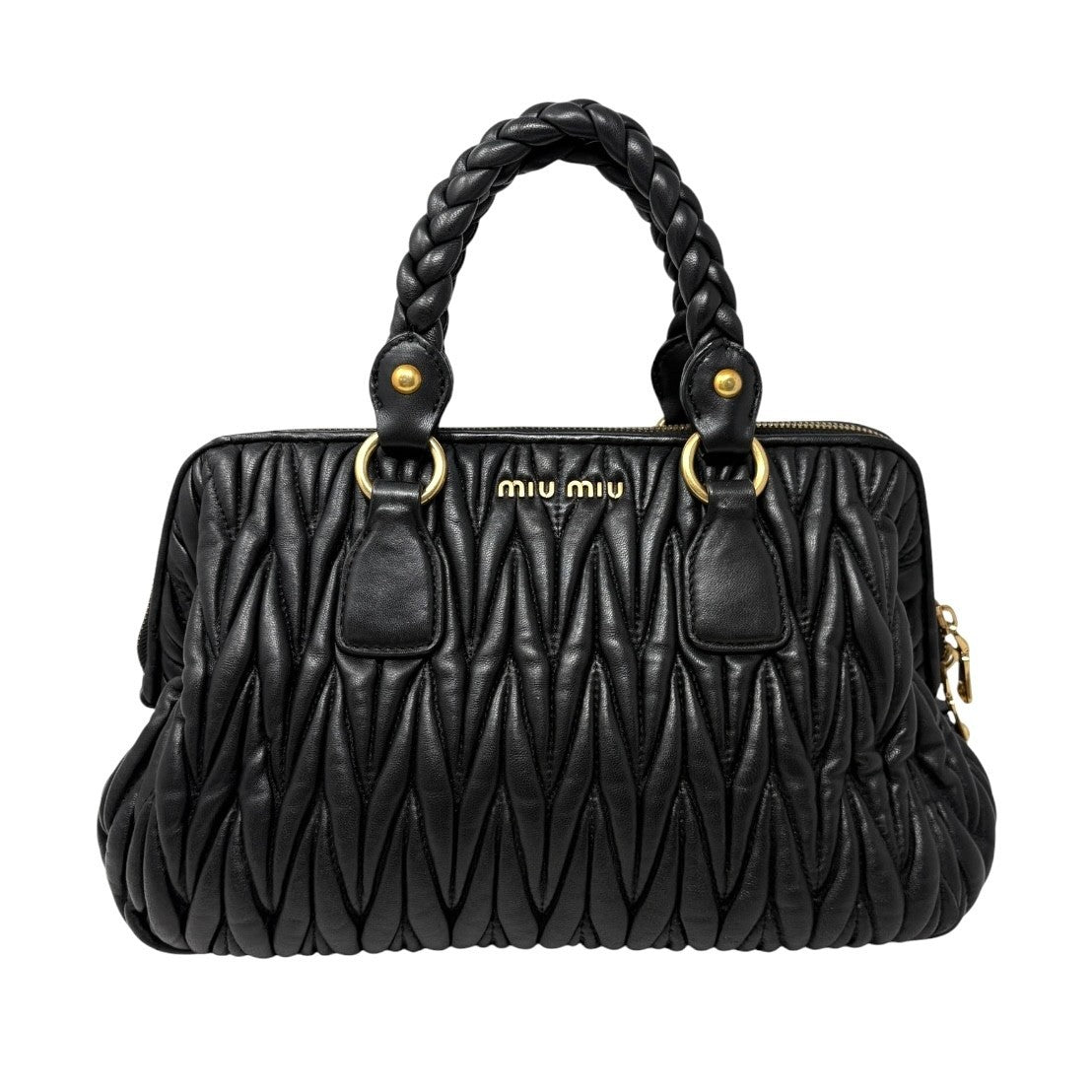 Miu Miu Vintage Quilted Tote Top Handle Bag Black Gold Leather Zip 902310