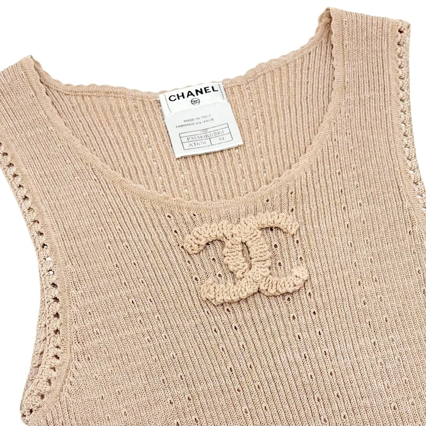CHANEL Vintage 09P CC Logo Rib Knit Tank Top #34 Beige Sleeveless 902428