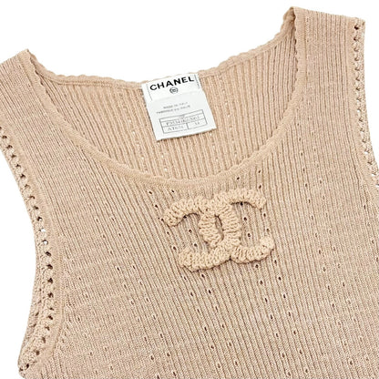 CHANEL Vintage 09P CC Logo Rib Knit Tank Top #34 Beige Sleeveless 902428