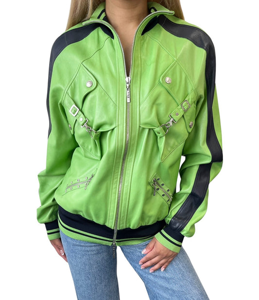 Christian Dior Vintage 2004 Logo Leather Jacket #36 Light Green Lambskin Black