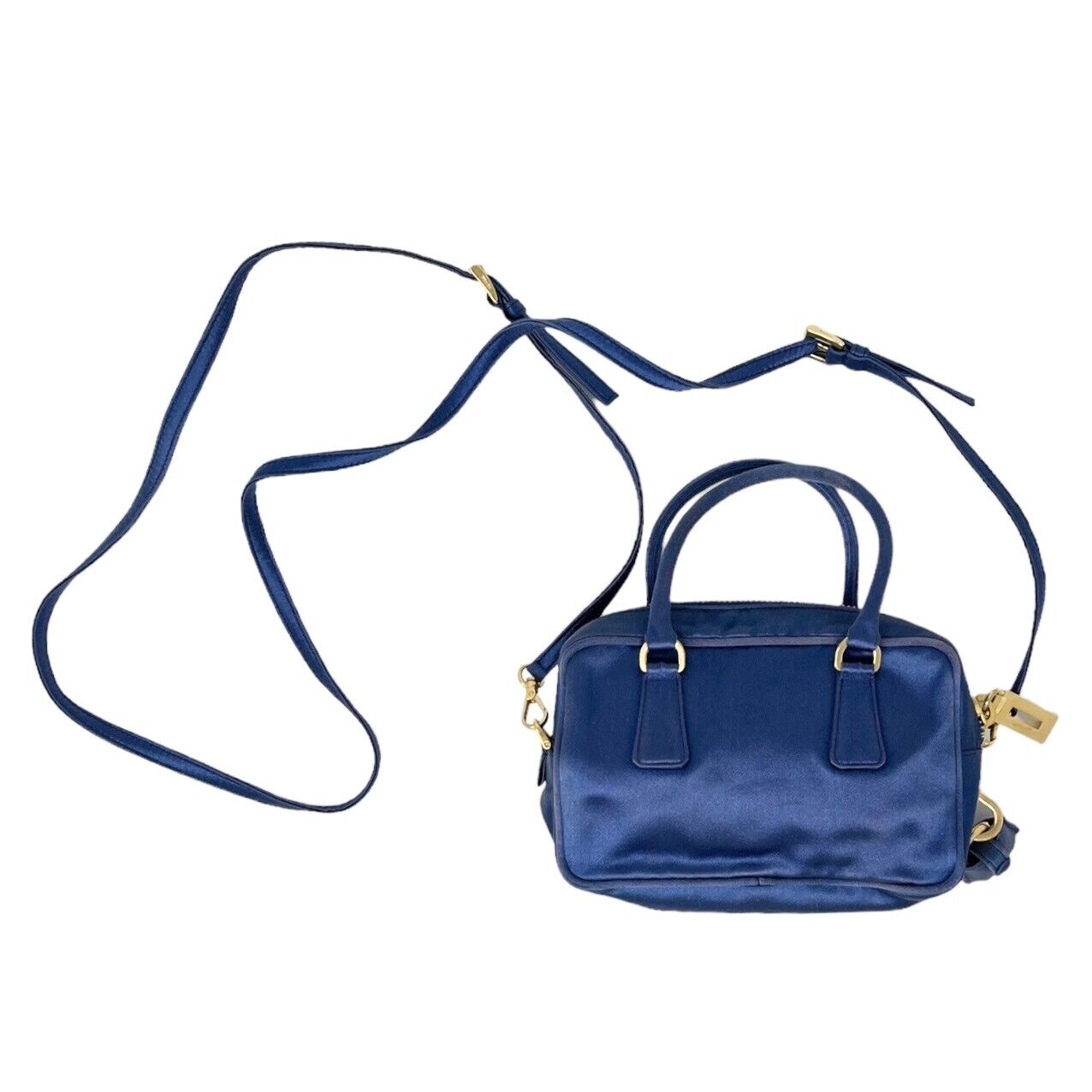 PRADA Vintage Logo Micro Bag Shoulder Bag 2way Padlock Zip Blue Gold Satin