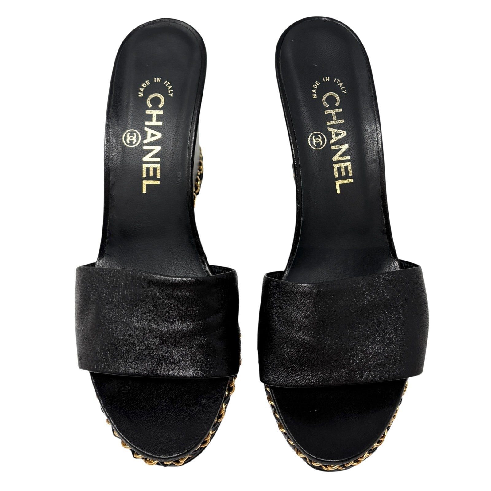 CHANEL Vintage CC Logo Chain Wedge Sole Sandals #37-38.5 Black Gold Leather
