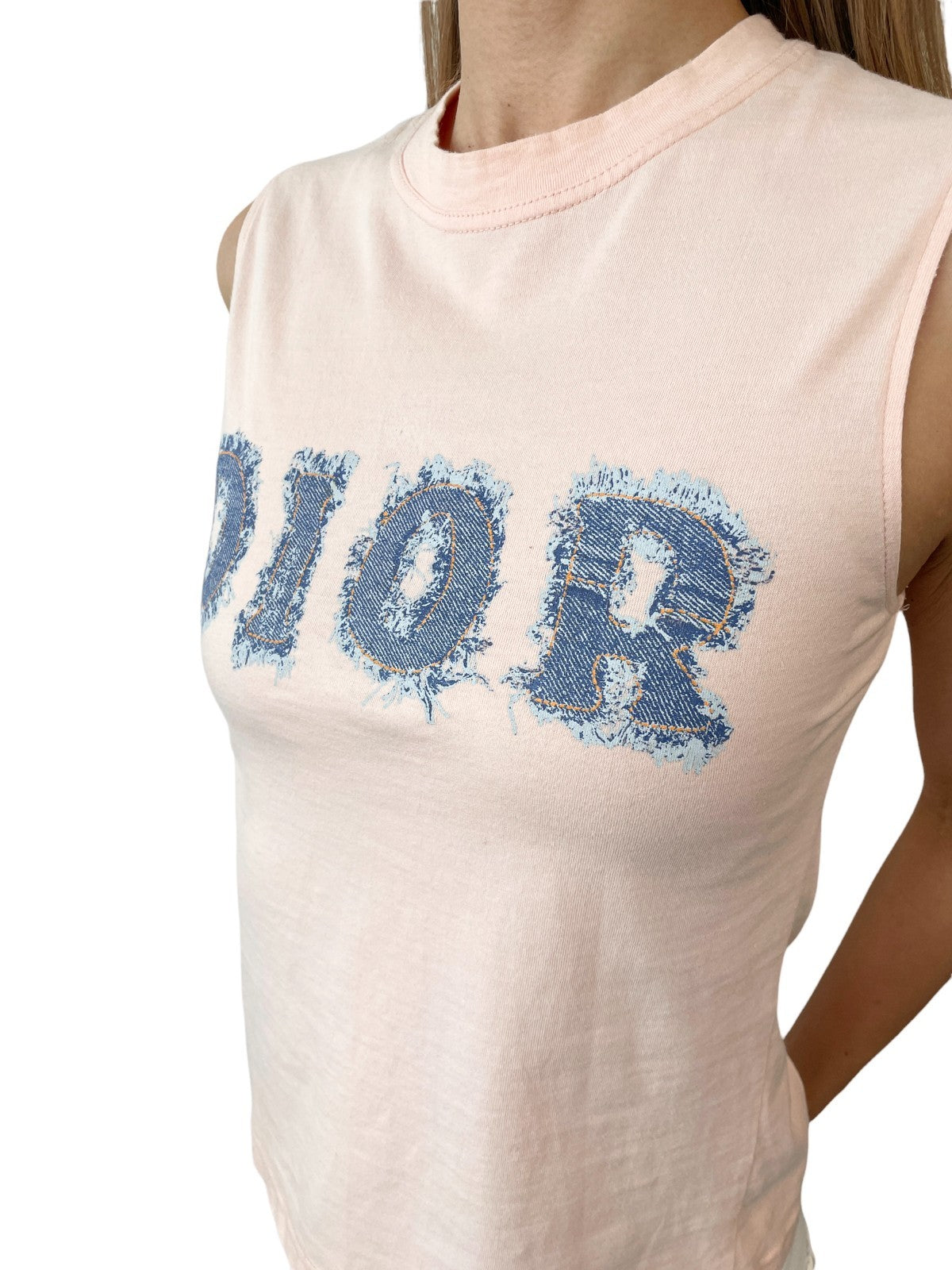 Christian Dior Vintage 2003 Logo Tank Top #38 Denim Print Pink Blue Cotton