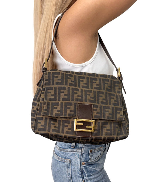 FENDI Vintage FF Zucca Mamma Baguette Shoulder Bag Canvas Brown Gold 902416