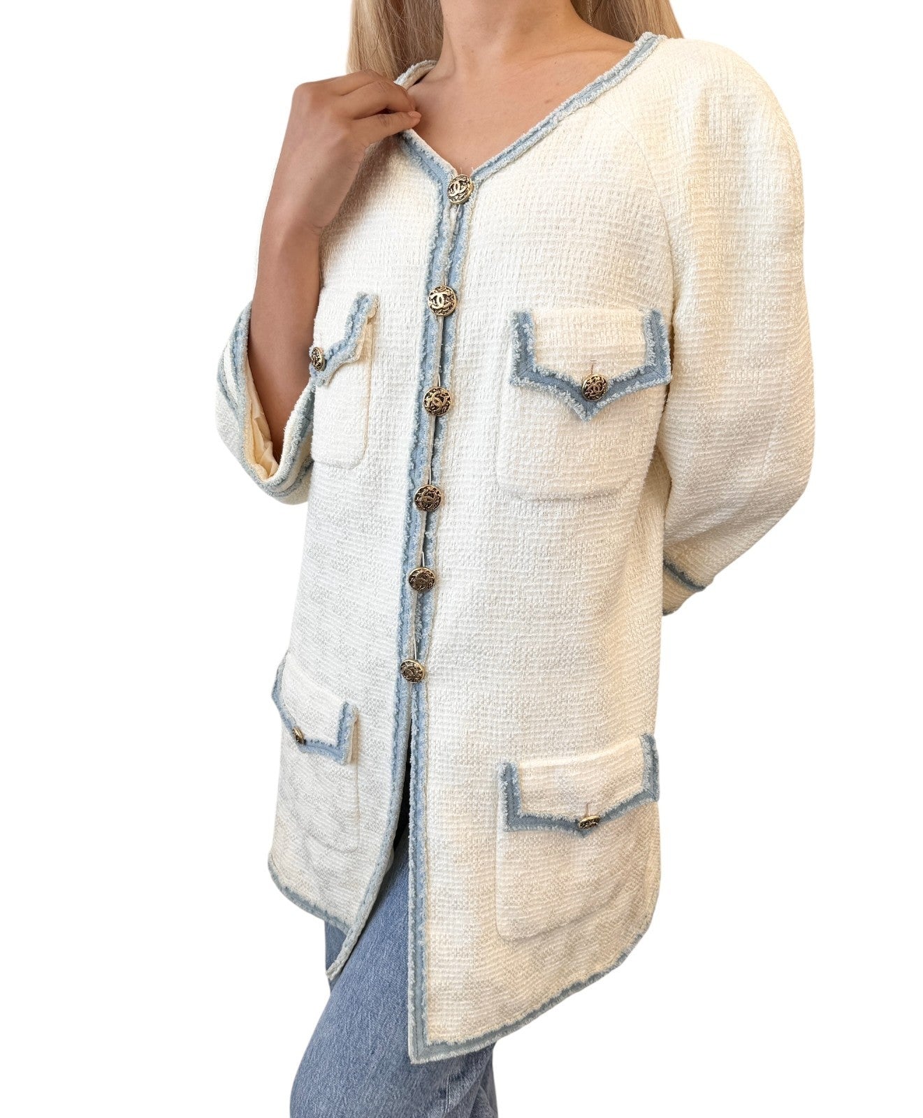 CHANEL Vintage 07P CC Logo Tweed Long Jacket Trim Denim #42 Blue White Button