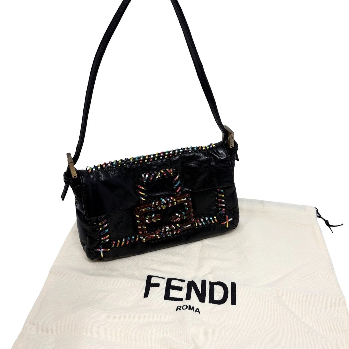 FENDI Vintage Mamma Baguette Multicolor Whipstitch Mini Bag Black 901874