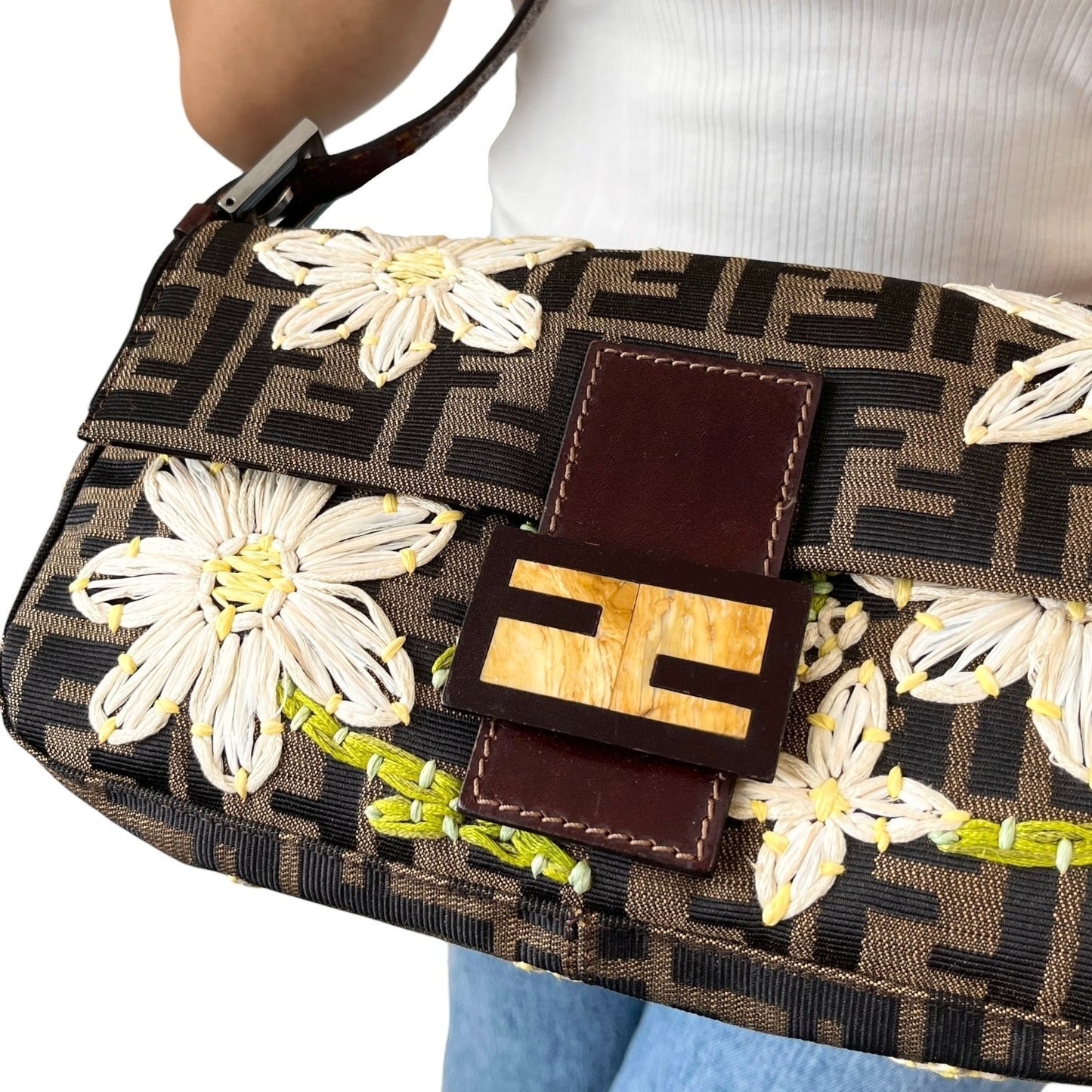 FENDI Vintage FF Zucca Mamma Baguette Shoulder Bag Flower Brown Canvas 902041