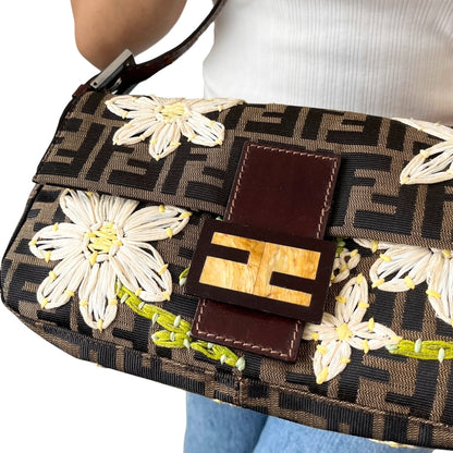 FENDI Vintage FF Zucca Mamma Baguette Shoulder Bag Flower Brown Canvas 902041