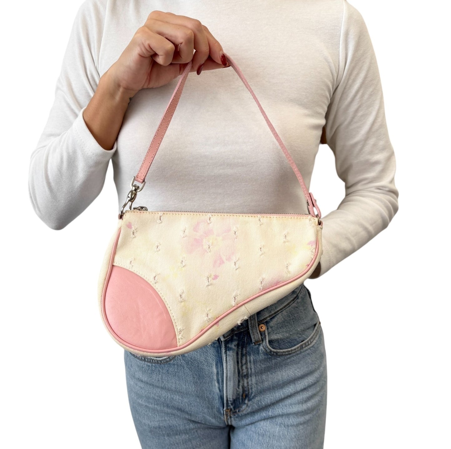 Christian Dior Vintage 2003 Distressed Floral Denim Mini Saddle Bag White Pink