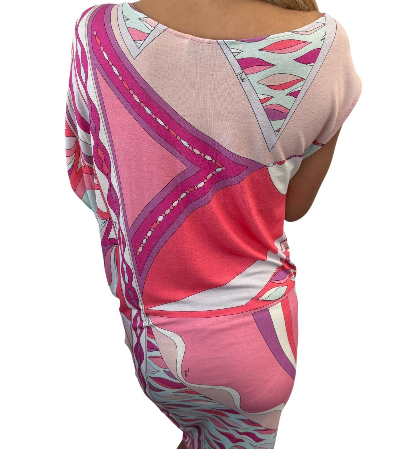 EMILIO PUCCI Vintage Multicolor Abstract Print Asymmetric Midi Dress #34 Pink