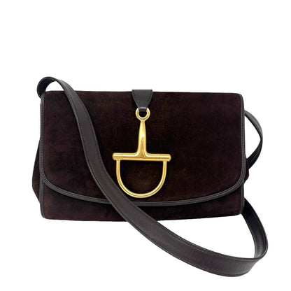 GUCCI Vintage Logo Horsebit Crossbody Bag Brown Gold Suede Leather 902824