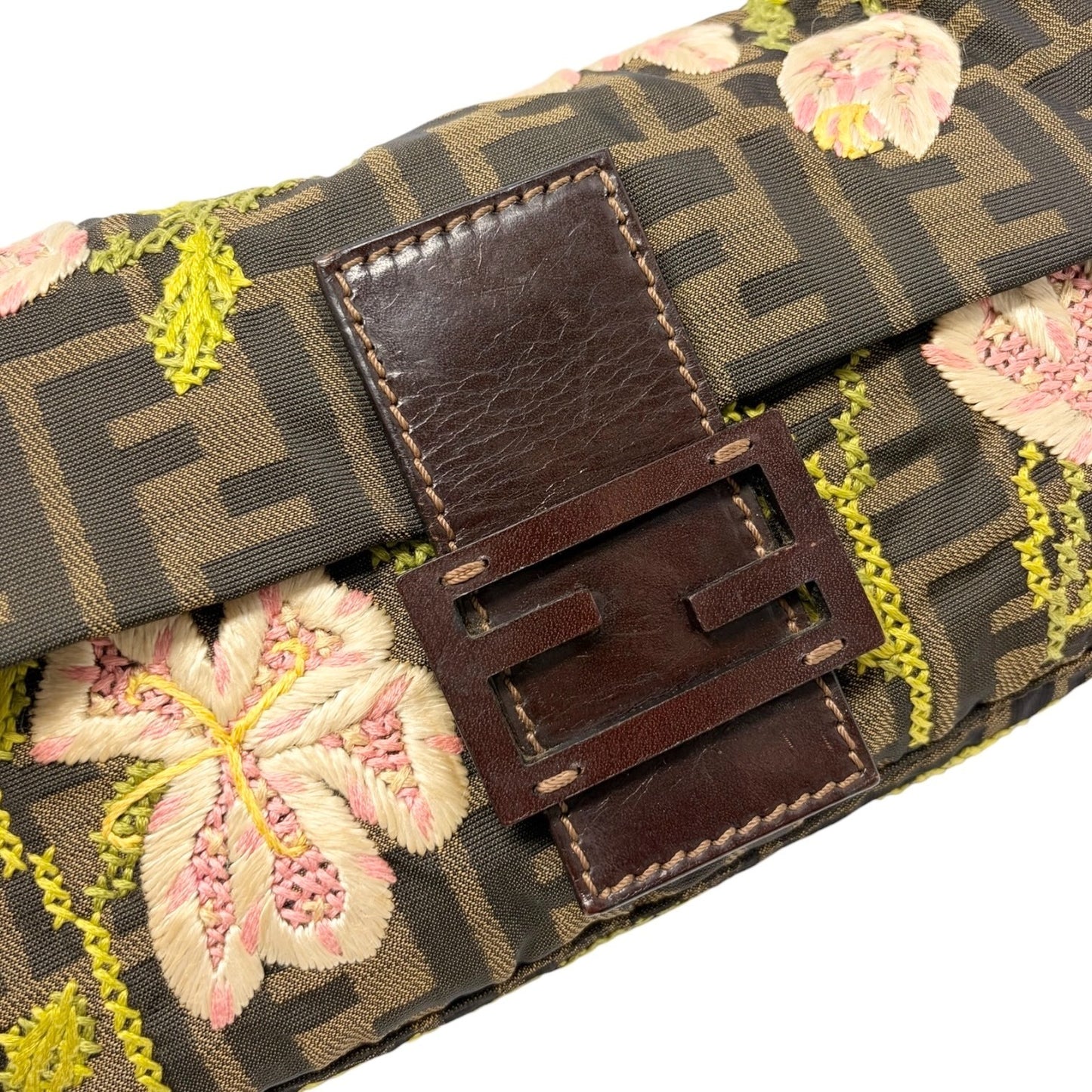 FENDI Vintage FF Zucca Mamma Baguette Flower Shoulder Bag Canvas Brown 901848