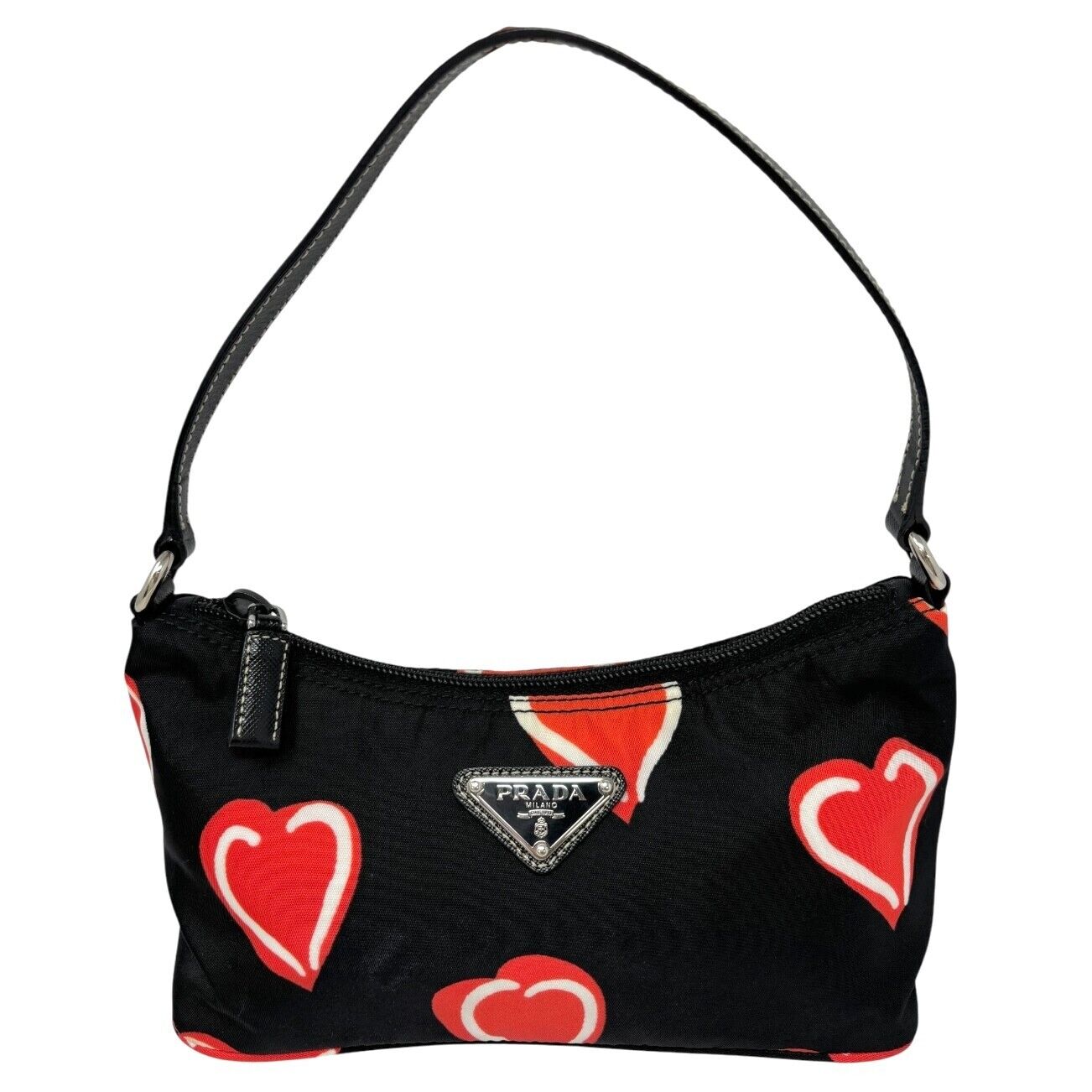 PRADA Vintage Logo Heart Pattern Shoulder Bag Pochette Black Red Nylon