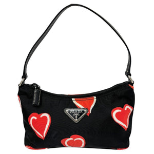 PRADA Vintage Logo Heart Pattern Shoulder Bag Pochette Black Red Nylon
