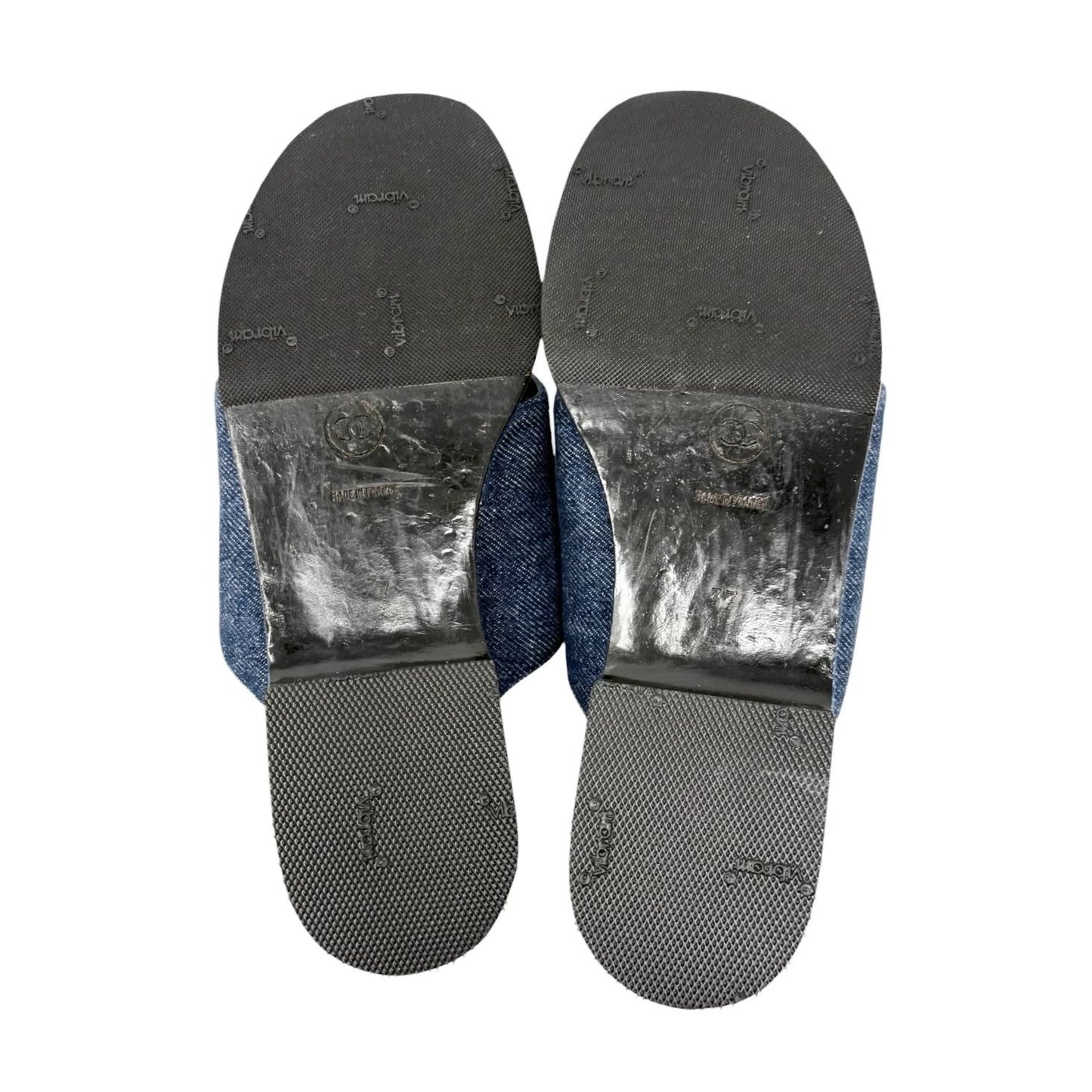 CHANEL Vintage CC Stitch Logo Thong Denim Sandals #37 Blue Black Leather