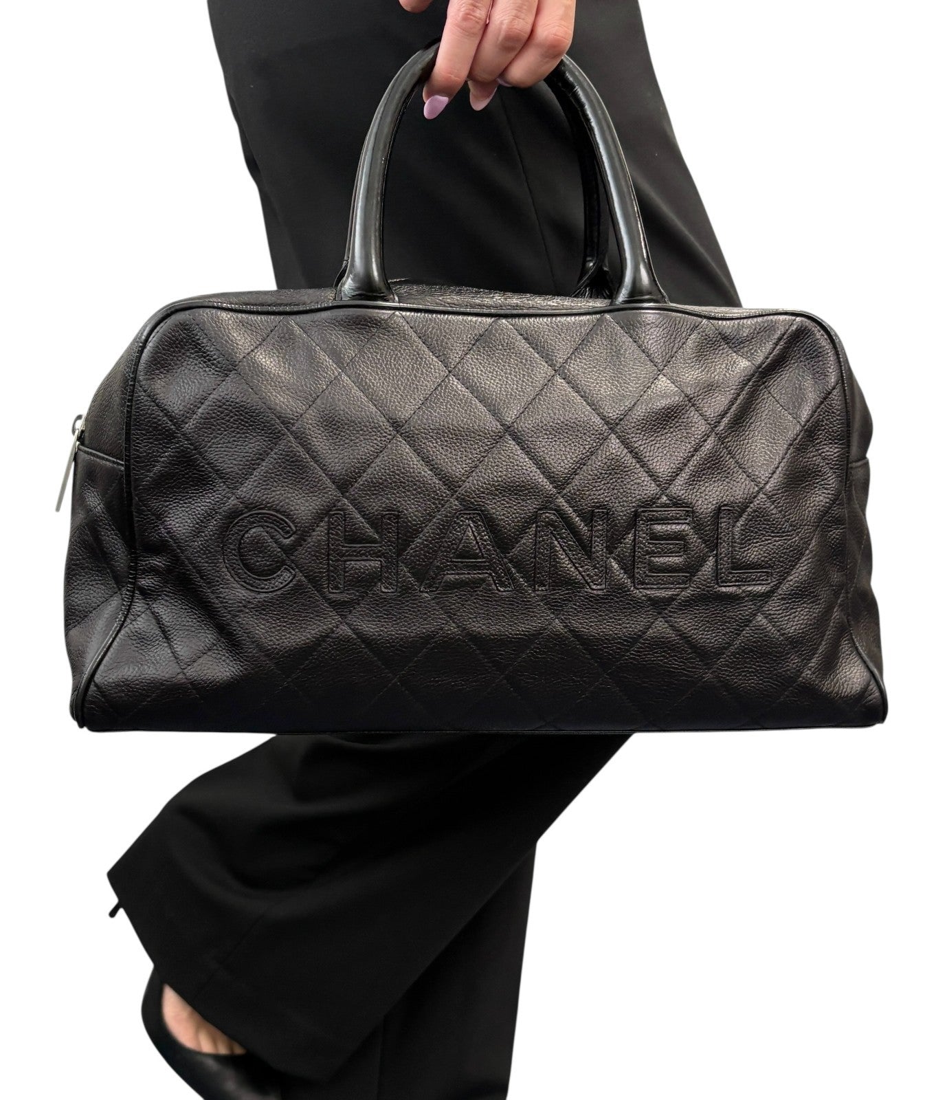 CHANEL Vintage CC Big Logo Quilted Leather Bowling Boston Bag Black Silver
