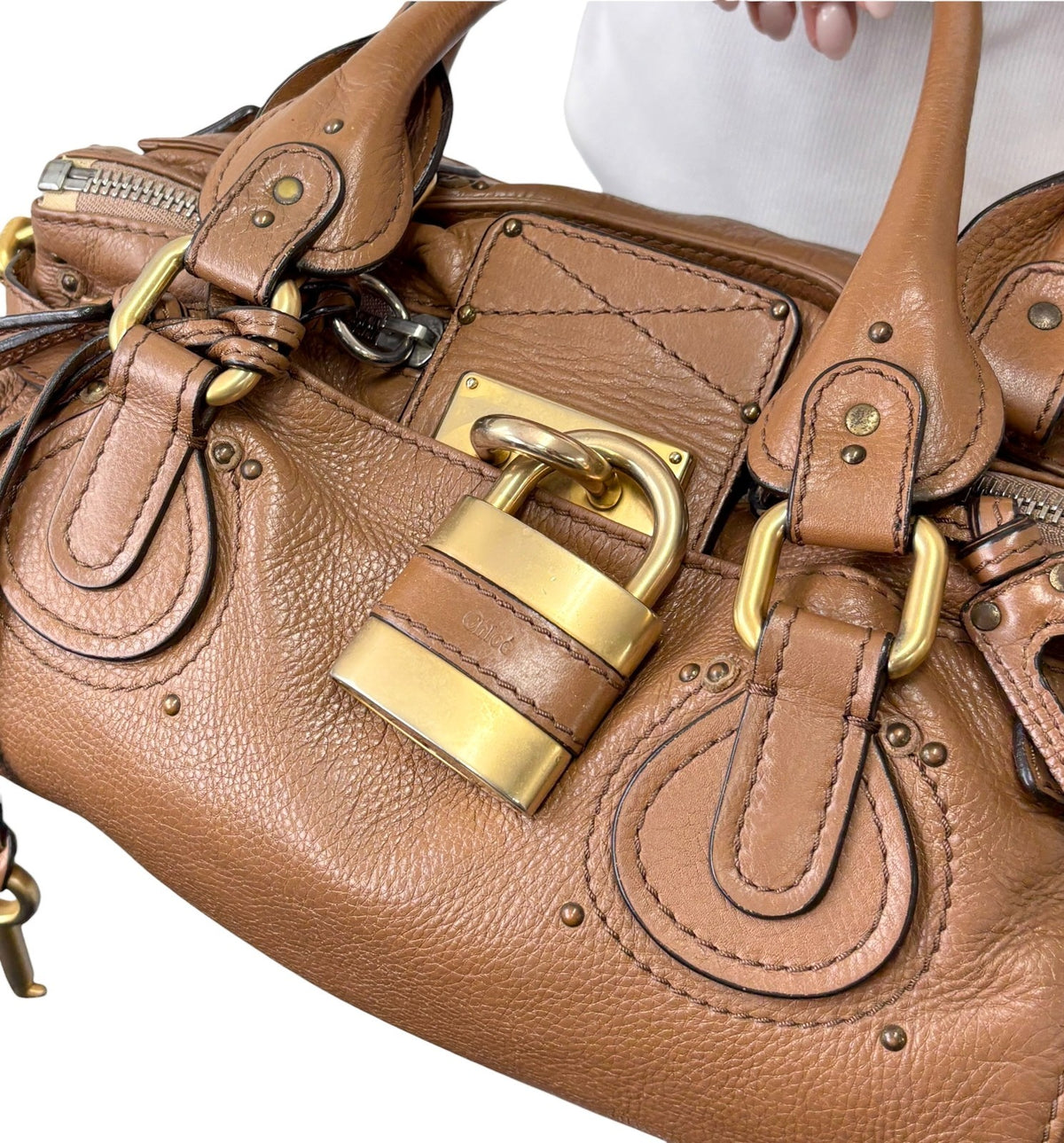 Chloe Vintage Paddington Padlock Key Boston Bag Leather Brown Gold 902319