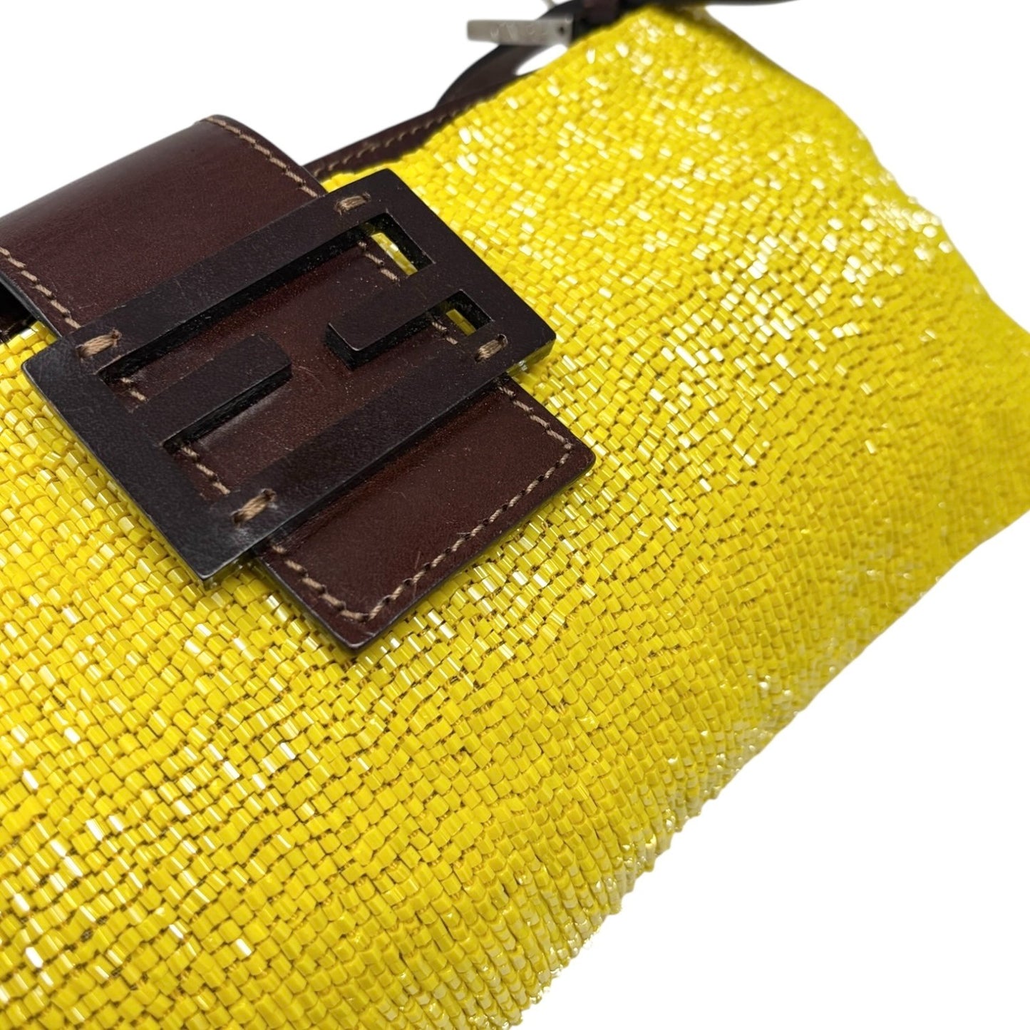 FENDI Vintage FF Logo Beads Mamma Baguette Crossbody Shoulder Bag Yellow Brown