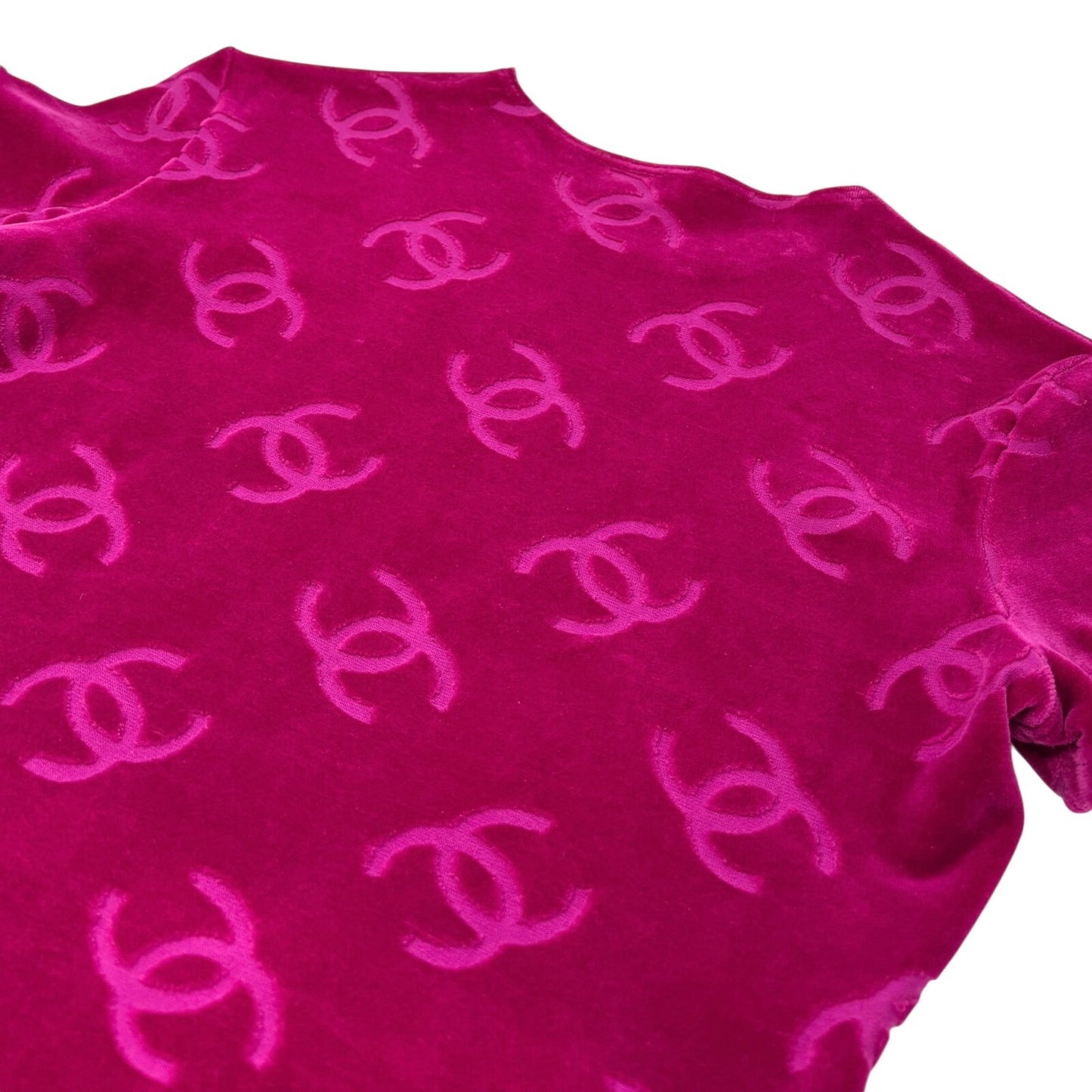 CHANEL Vintage 1996 CC Logo Velour T-shirt #40 Short Sleeve Top Pink Red