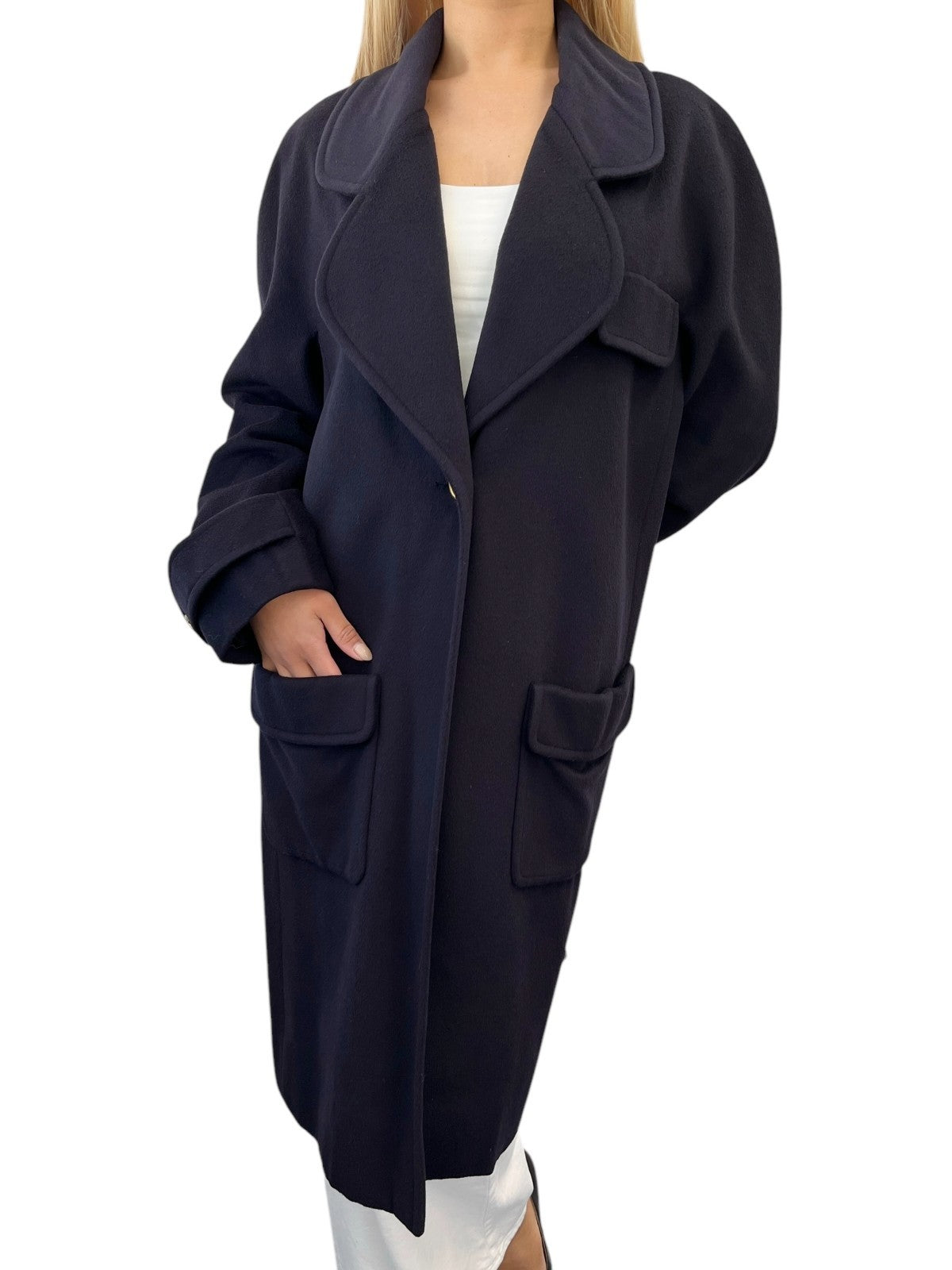 CHANEL Vintage 94A CC Logo Long Coat Button Jacket #40 Dark Blue Gold Cashmere