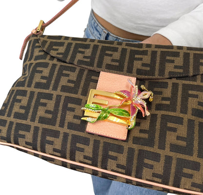 FENDI Vintage FF Mamma Baguette Flower Shoulder Bag Brown Salmon Pink 902468