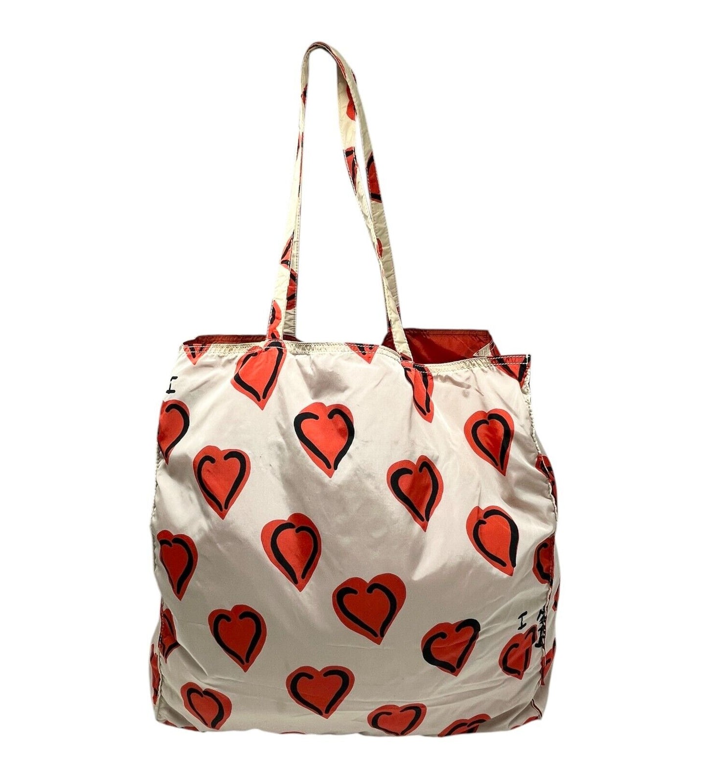 PRADA Vintage Logo Heart Pattern Tote Bag Handbag White Red Black Silver Nylon