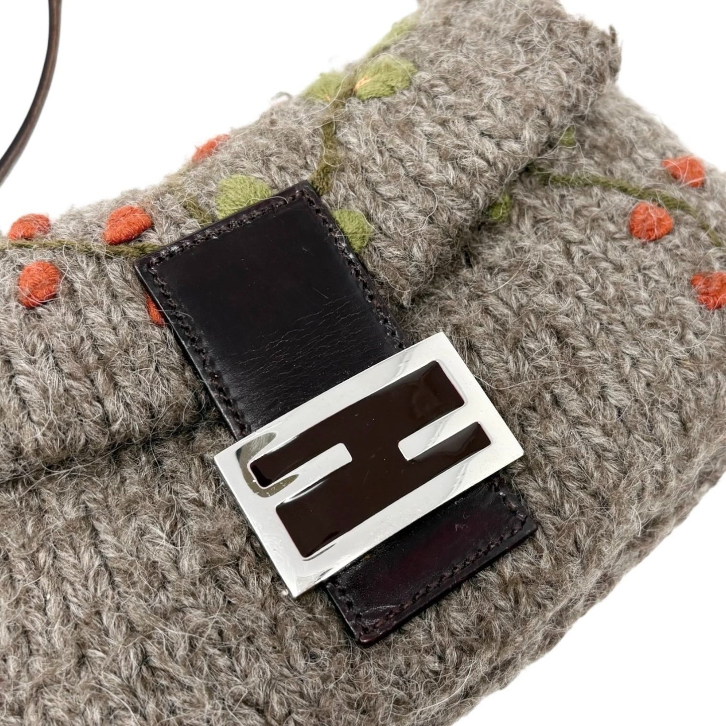 FENDI Vintage FF Mamma Baguette Wool Knit Shoulder Bag Gray Brown Flower