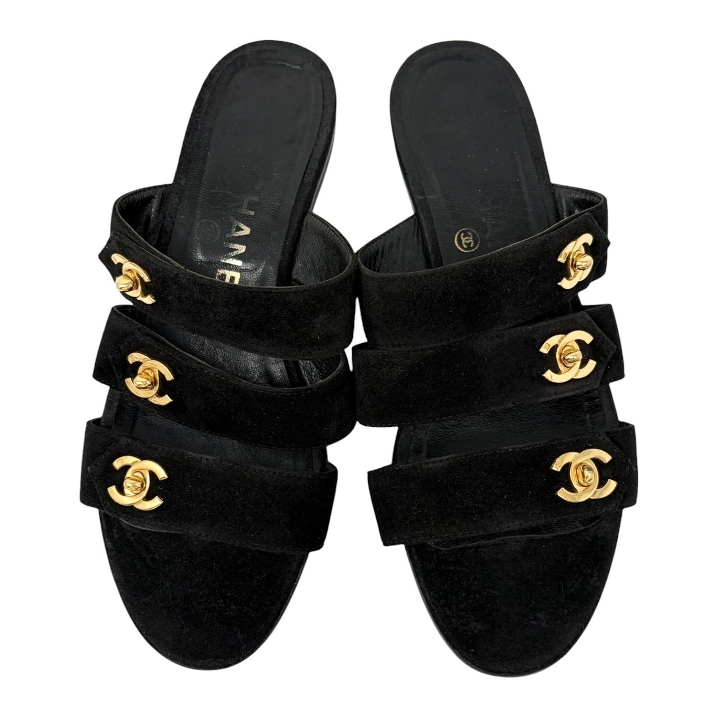 CHANEL Vintage CC Turnlock Flat Slide Sandals #37 Black Gold  Suede 902296