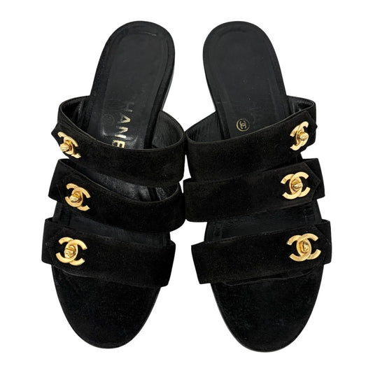 CHANEL Vintage CC Turnlock Flat Slide Sandals #37 Black Gold  Suede 902296