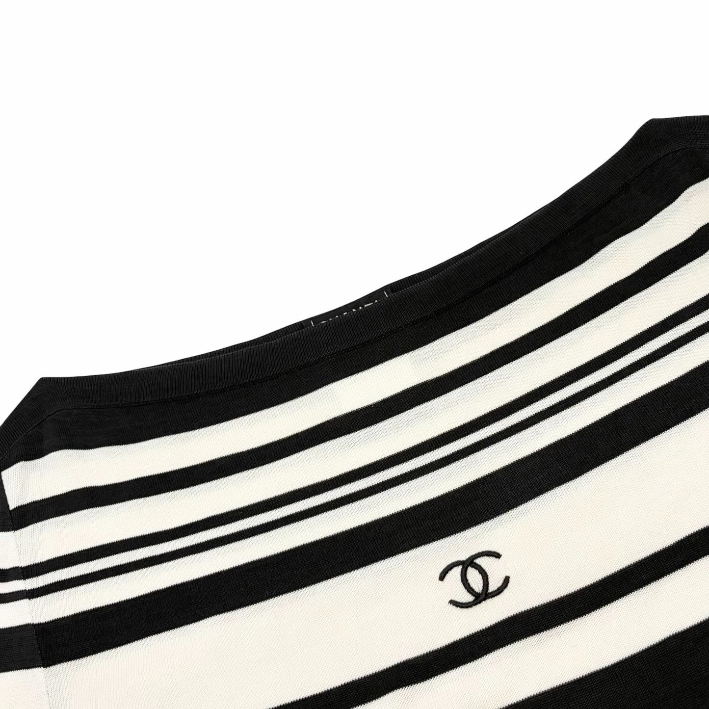 CHANEL Vintage 98P CC Logo Stripe Knit Dress #40 Black White Cotton 901808