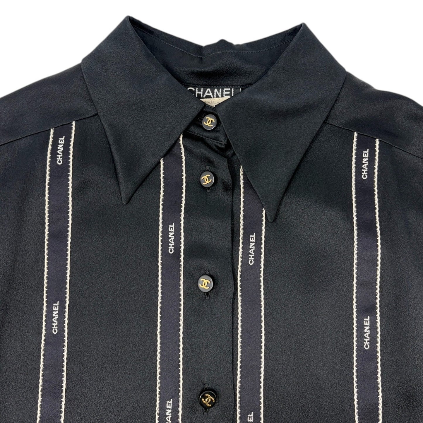 CHANEL Vintage 94A CC Logo Button Up Blouse Silk Shirt #36 Ribbon Black