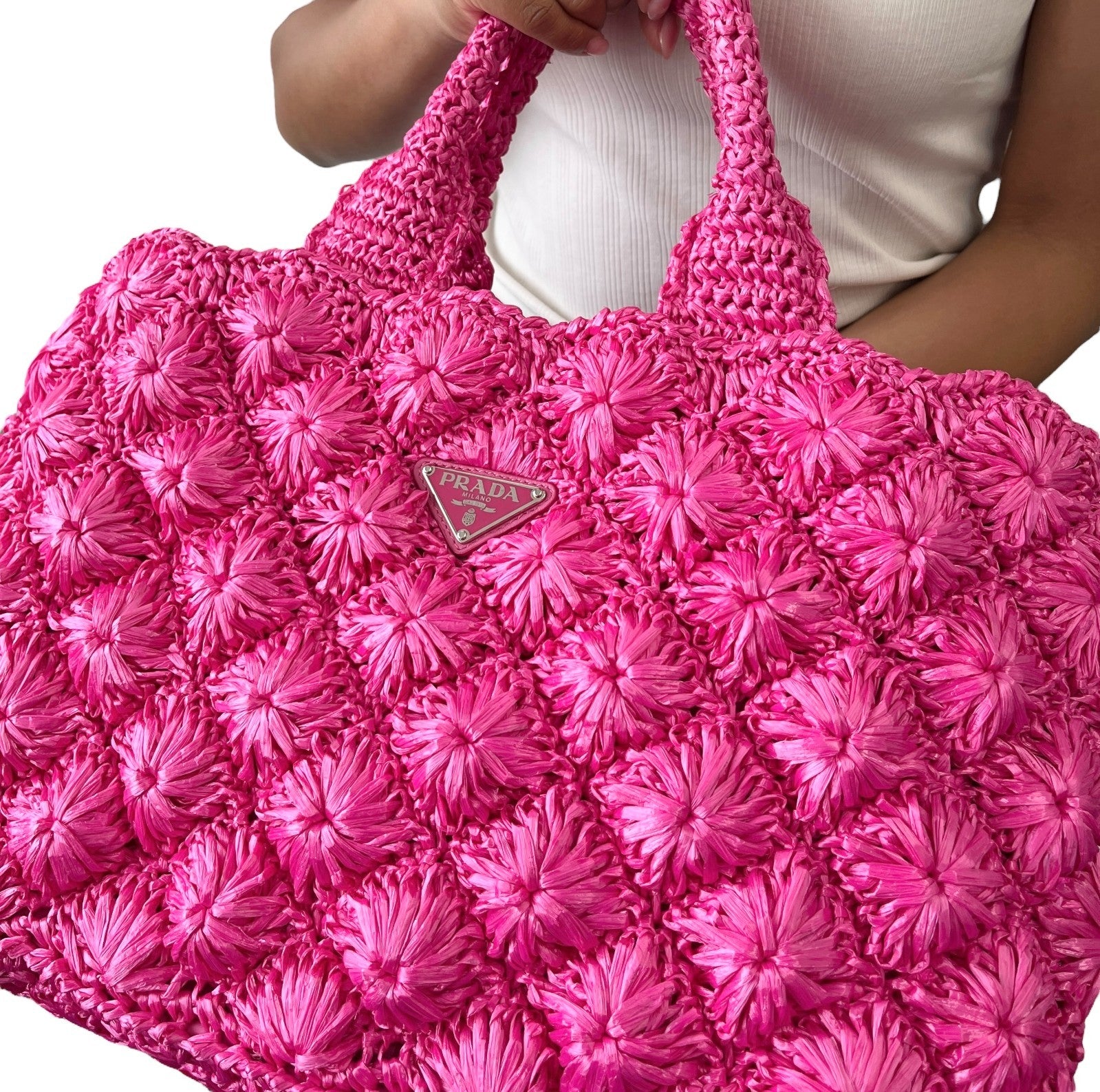 PRADA Vintage Triangle Logo Canapa Tote Bag Handbag Pink Raffia