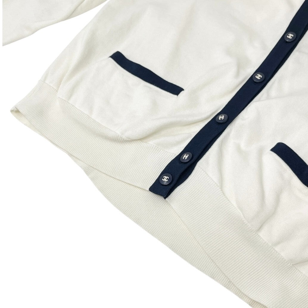 CHANEL Vintage 96P CC Logo Button Cardigan Knit Top #44 White Blue Cotton